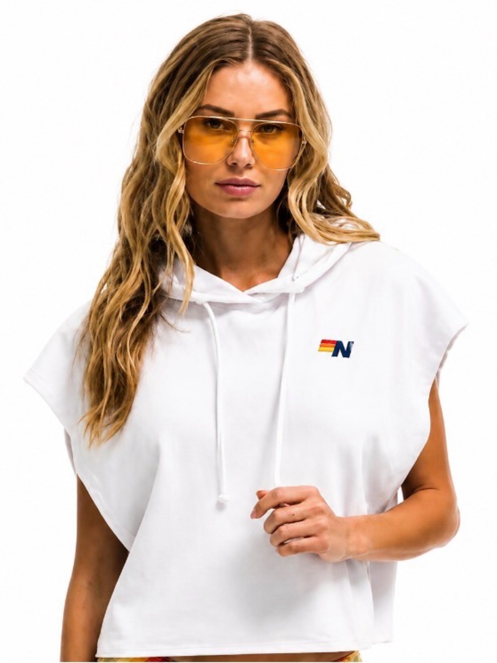 Aviator Nation Logo Sleeveless Relaxed Cropped Pullover Tee Hoodie - White - S